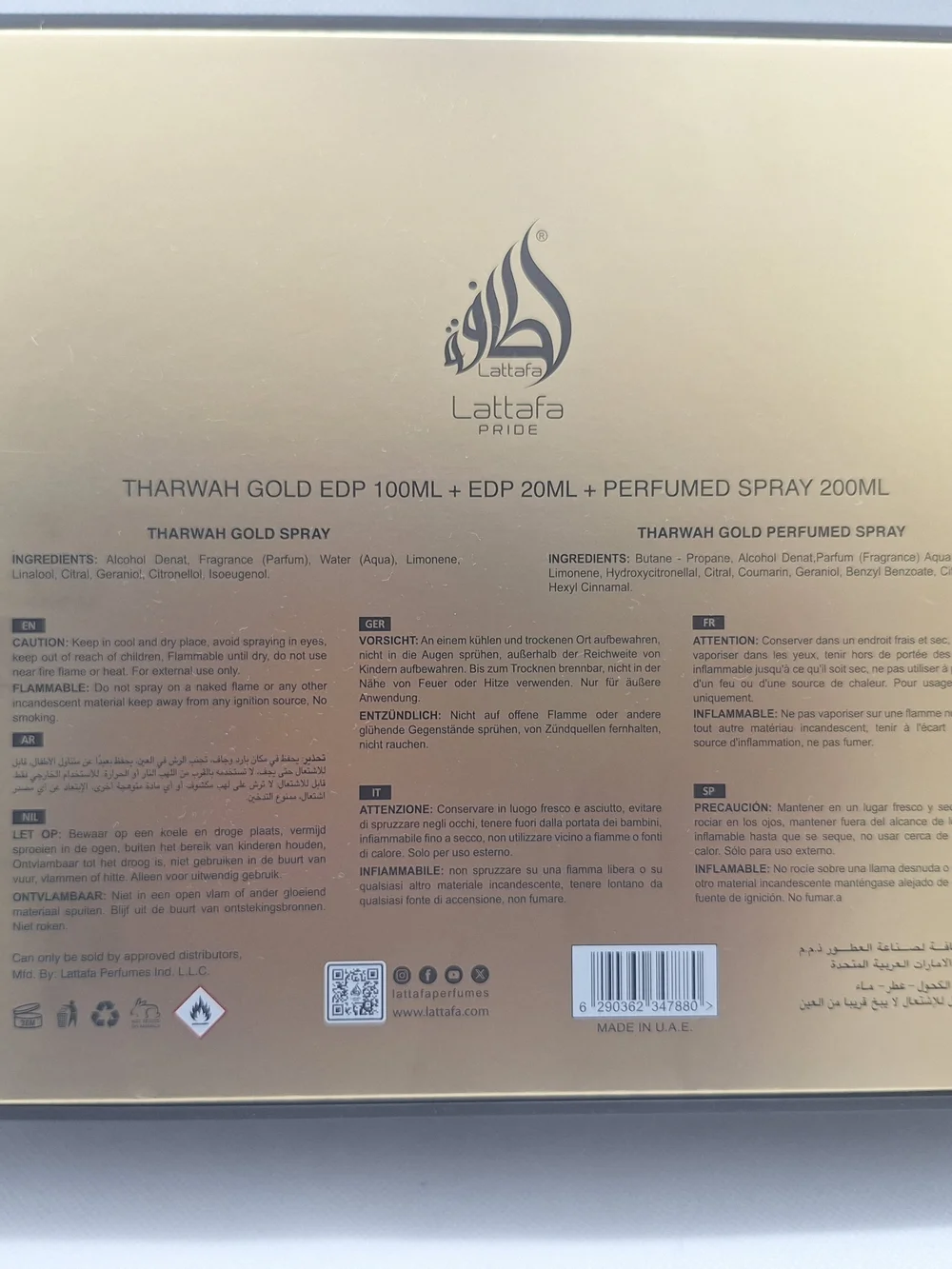 Lattafa Tharwah Gold Gift Set Fragrances.